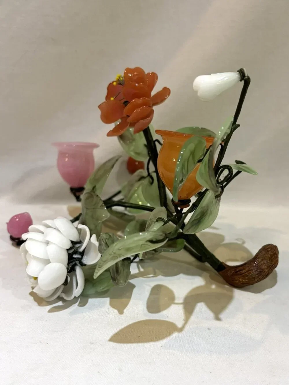 Vintage Hand Carved Jade & Stone Floral Candle Holder Centerpiece AS IS